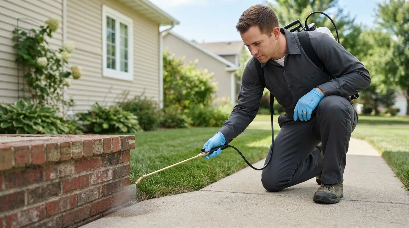 Pest control technician treating a home near Fairmount, ND