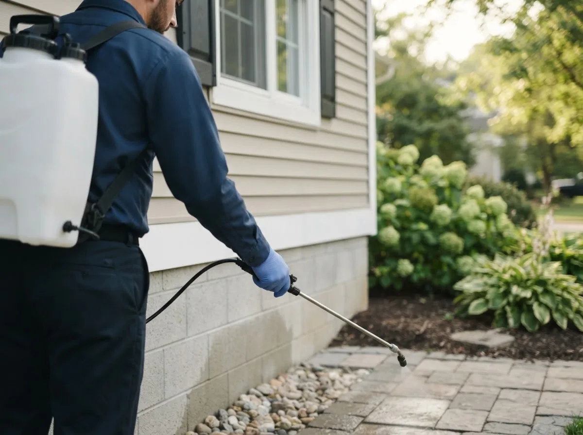 Pest control technician inspecting a home in Fairmount, ND